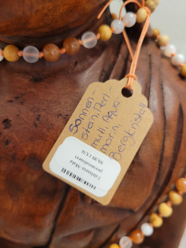 108-Perlen Mala aus Palo Santo, Sonnenstein & Bergkristall – Handgefertigte Gebetskette für Wärme & innere Balance