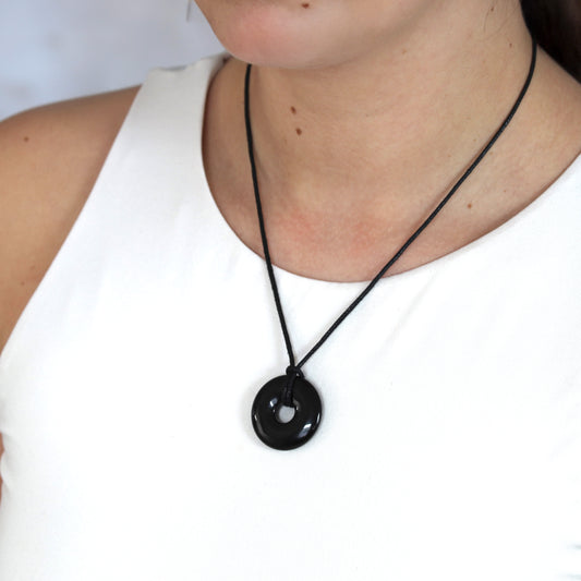 Obsidian, schwarz Donut | 30 mm Anhänger + Baumwollband