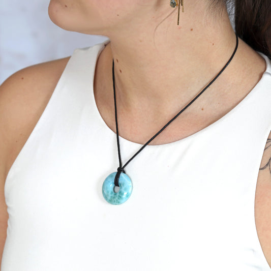 Larimar Donut Pendant A-Quality | 30 mm Pendant + Cotton Cord