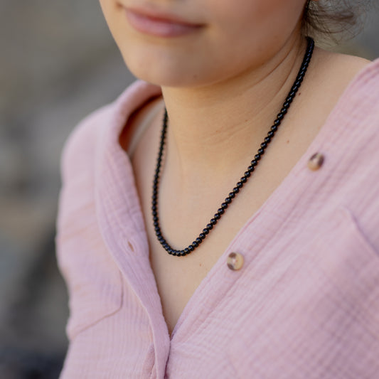 Turmalin, schwarz (Schörl) Kugelkette | Ø 4mm mit 925er Silber Verschluss | 45cm