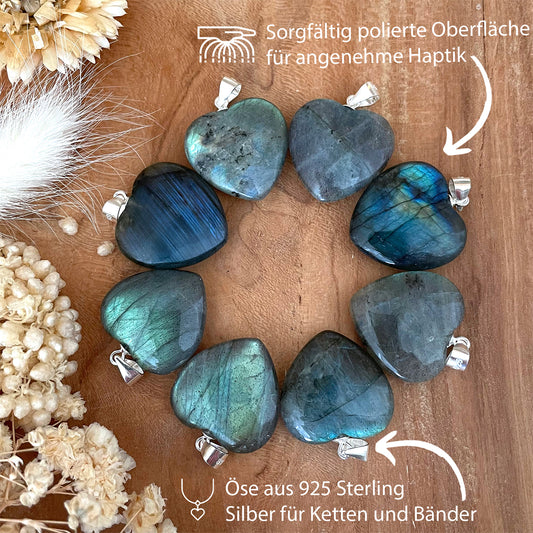 Labradorit Herzanhänger | 2x2 cm + 925er Silberöse