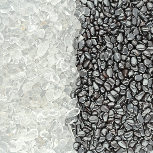 Ladesteine Bergkristall  & Entladesteine Hämatit | Mini Trommelsteine Chips
