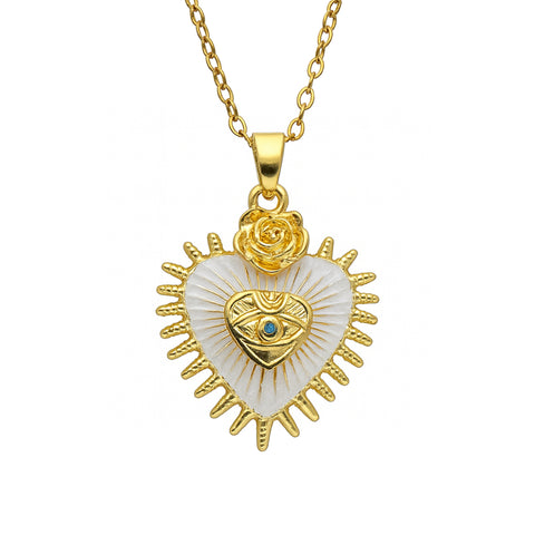 Pendentif cœur Collier Evil Eye & Rose – émail blanc, plaqué or