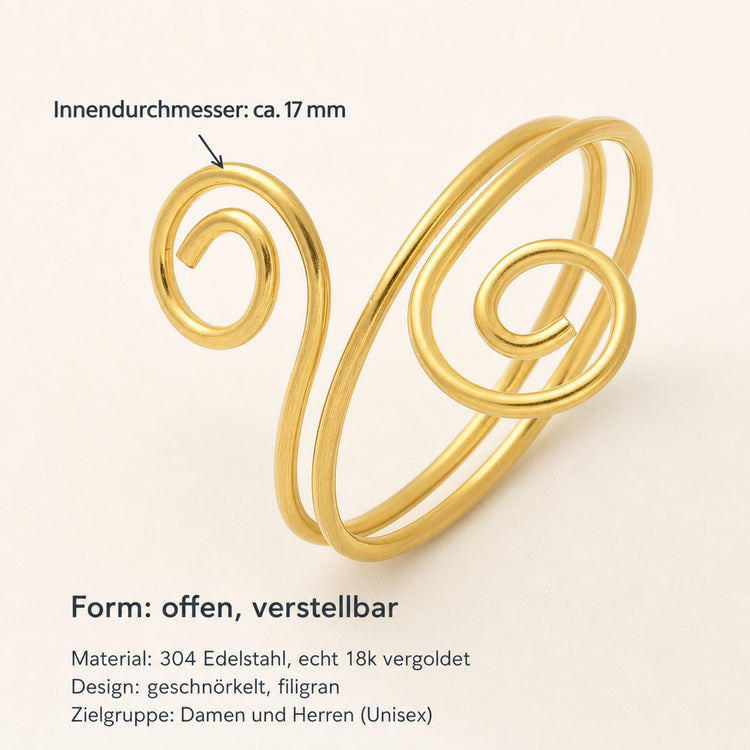 Edelstahl Ring Gold Geschnörkelt – 18k vergoldet, offener Manschettenring