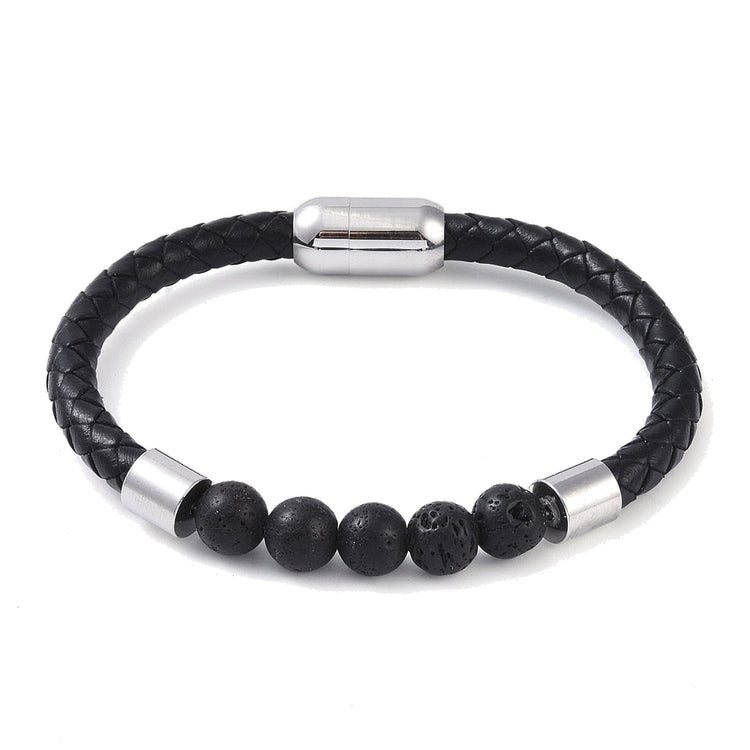 Lederarmband mit Steinperlen — Lavastein / Stahlfarben