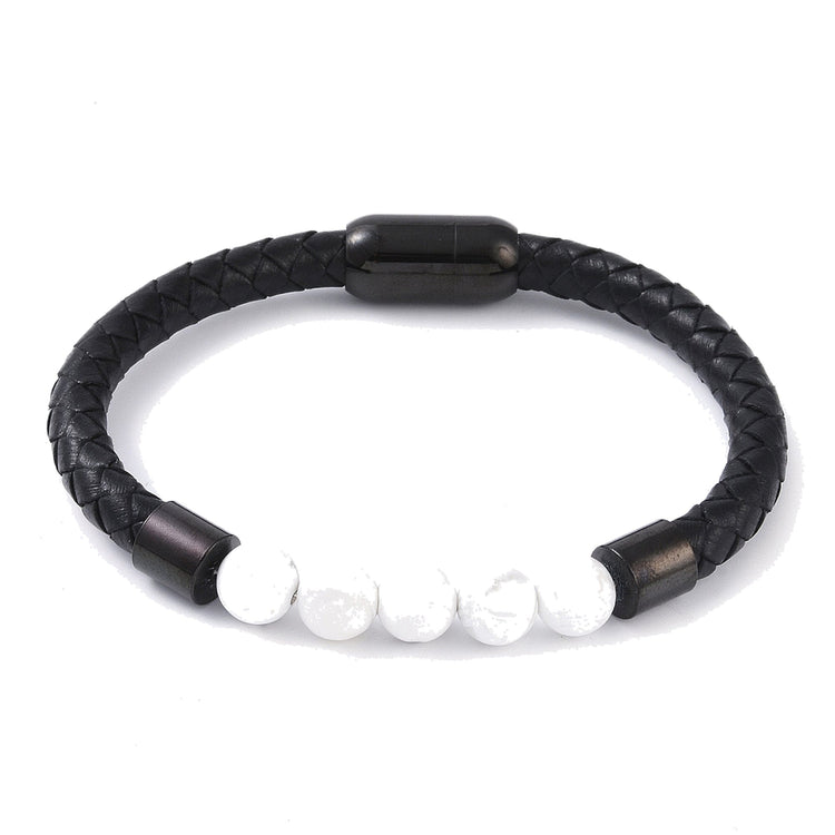 Lederarmband mit Steinperlen — Magnesit / Schwarz