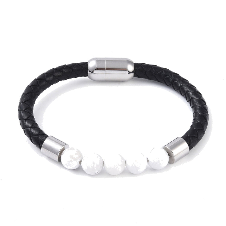 Lederarmband mit Steinperlen — Magnesit / Stahlfarben