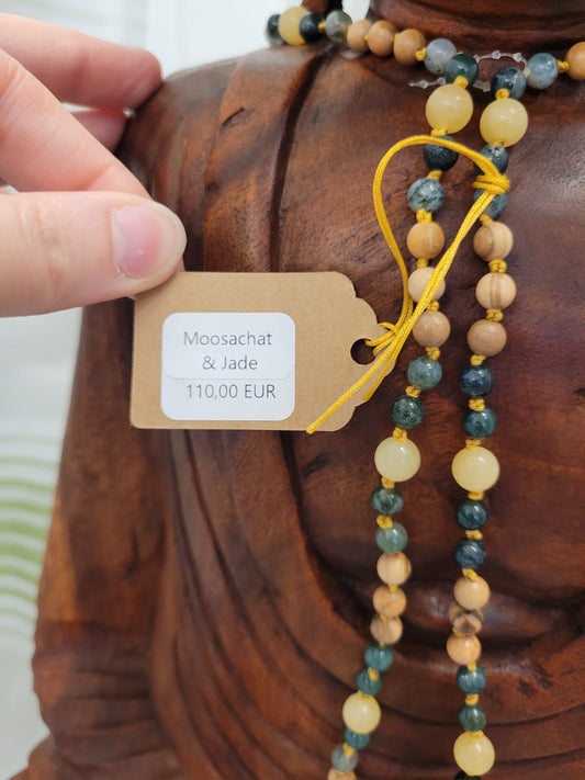 108-Perlen Mala aus Moosachat, Jade und Olivenholz – Handgefertigte Gebetskette für Wachstum, Erdung und Lebensfluss