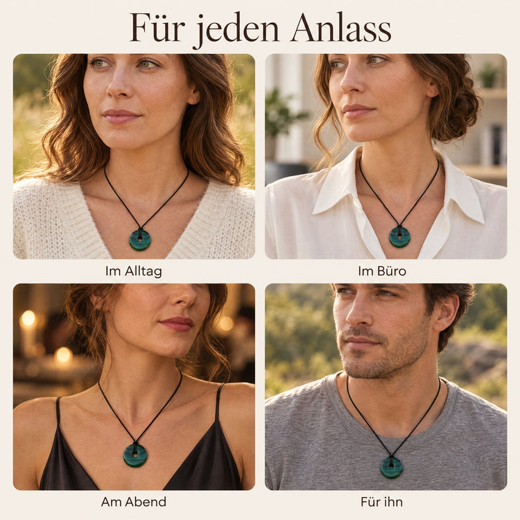Malachit Donut | 30 mm Anhänger + Baumwollband – getragen – für jeden Anlass