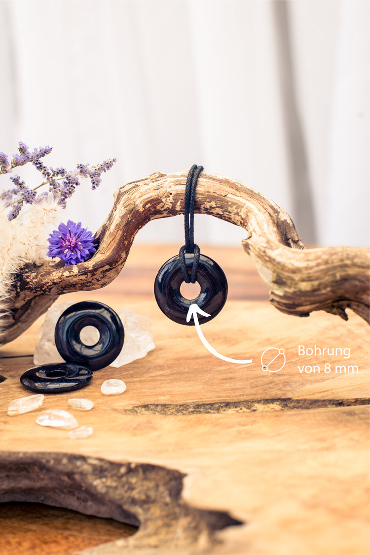 Turmalin, schwarz (Schörl) Donut | 30 mm Anhänger + Baumwollband