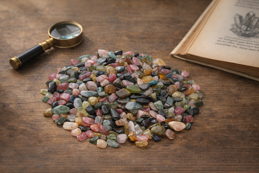 Bunte Turmalin-Trommelsteine in Gruen, Rosa und Blau auf warmem Holztisch mit Lupe und Mineralogie-Buch
