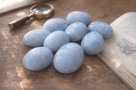 Himmelblaue Angelit-Steine mit feinen weissen Aederchen auf warmem Holztisch mit Lupe und Mineralogie-Buch