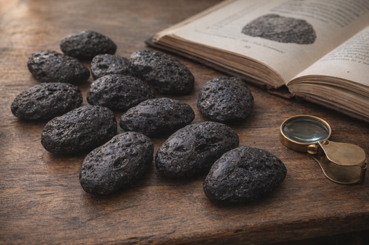Schwarzbraune Tektite mit narbiger Oberflaeche auf warmem Holztisch mit Lupe und Mineralogie-Buch