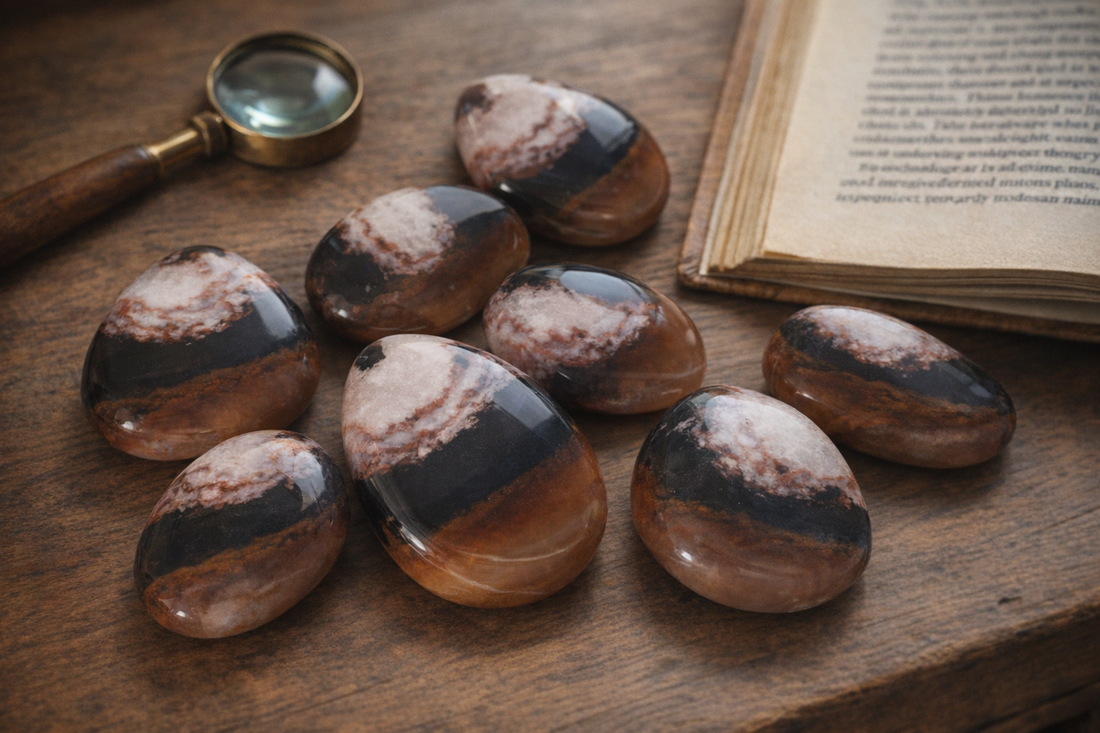 Rotbraun-weiss gebaenderte Sardonyx-Steine auf warmem Holztisch mit Lupe und Mineralogie-Buch