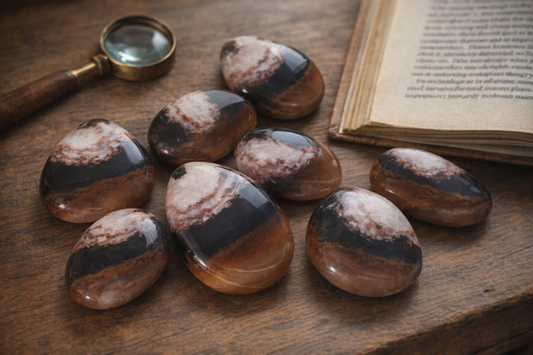 Rotbraun-weiss gebaenderte Sardonyx-Steine auf warmem Holztisch mit Lupe und Mineralogie-Buch