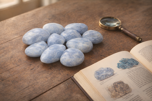 Pastellblaue Calcit-Steine mit weissen Wolken auf warmem Holztisch mit Lupe und Mineralogie-Buch