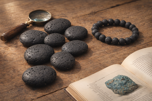 Schwarze poroese Lavasteine und Lava-Armband auf warmem Holztisch mit Lupe und Mineralogie-Buch