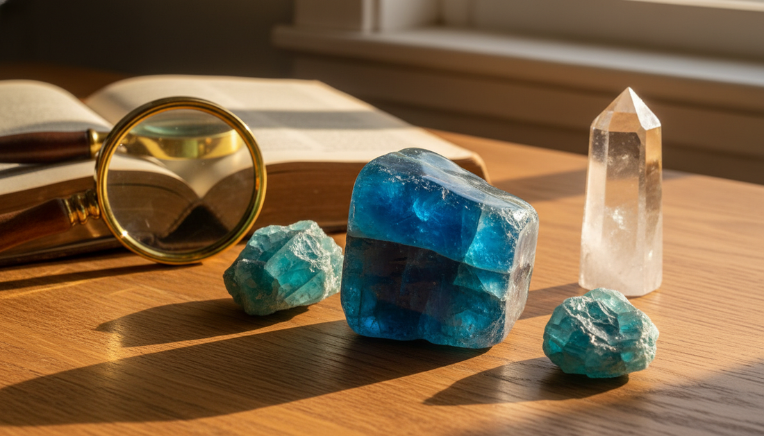Leuchtend neonblaue Apatit-Steine, poliert und roh, auf warmem Holztisch mit Lupe und Mineralogie-Buch