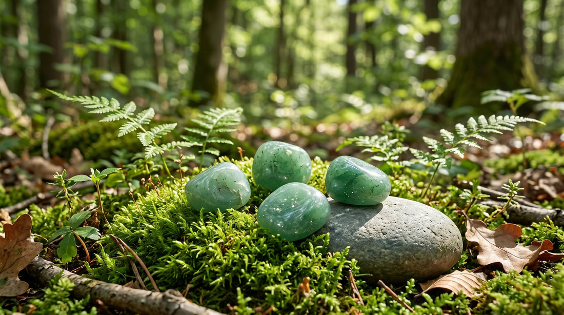 Grüne Aventurin-Steine auf Moos in einer Waldlichtung