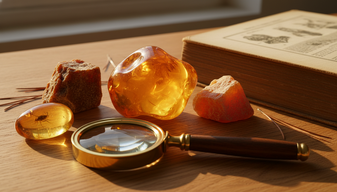 Goldgelbe und cognacfarbene Bernsteine auf warmem Holztisch mit Lupe und Mineralogie-Buch