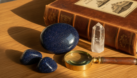 Tiefblauer Blaufluss mit funkelnden Kupferpunkten auf Holztisch, daneben Lupe und Mineralogie-Buch
