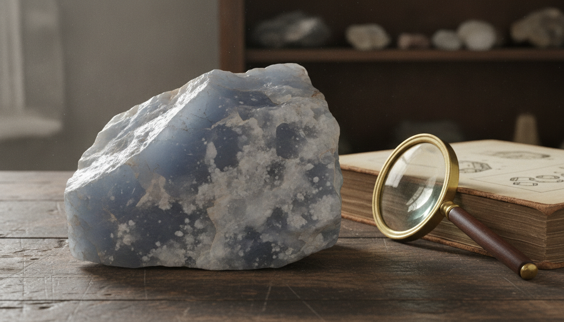 Blaugrauer Blauquarz mit feiner wolkiger Zeichnung auf Holztisch, daneben Lupe und Mineralogie-Buch