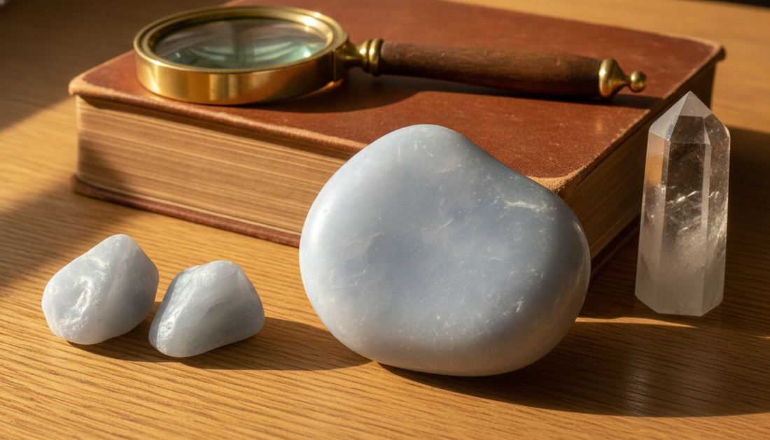 Polierter zartblauer Chalcedon mit samtig-milchigem Schimmer, daneben antike Lupe und altes Mineralogie-Buch auf warmem Holztisch