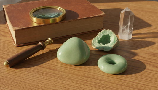 Apfelgrüner polierter Chrysopras-Trommelstein mit Rohstück, Lupe und Mineralogie-Buch auf Holztisch