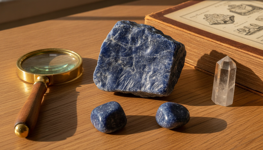 Tiefblauer Dumortierit mit faseriger Struktur auf Holztisch, daneben Lupe und Mineralogie-Buch