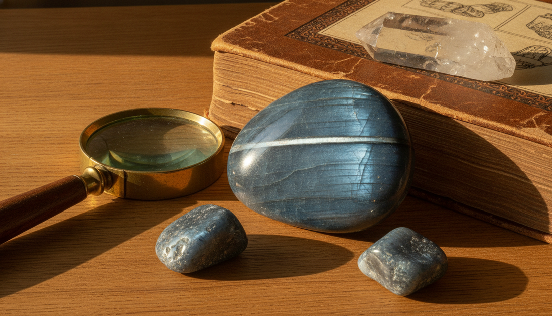 Blaugraues Falkenauge mit seidigem Lichtstreifen auf Holztisch, daneben Lupe und Mineralogie-Buch