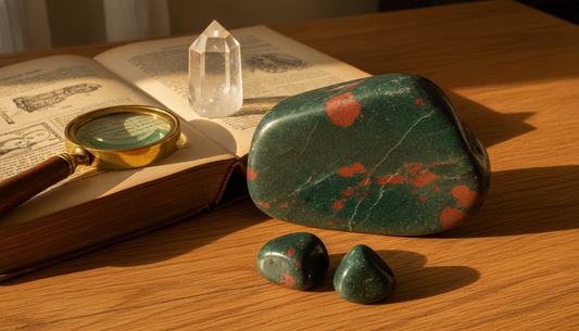 Dunkelgrüner Heliotrop mit blutroten Flecken auf Holztisch, daneben Lupe und Mineralogie-Buch