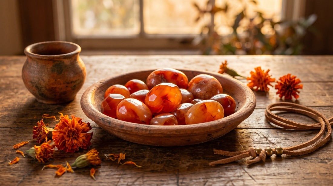 Orange-rote Karneol-Steine auf Terrakotta-Schale mit getrockneten Blumen