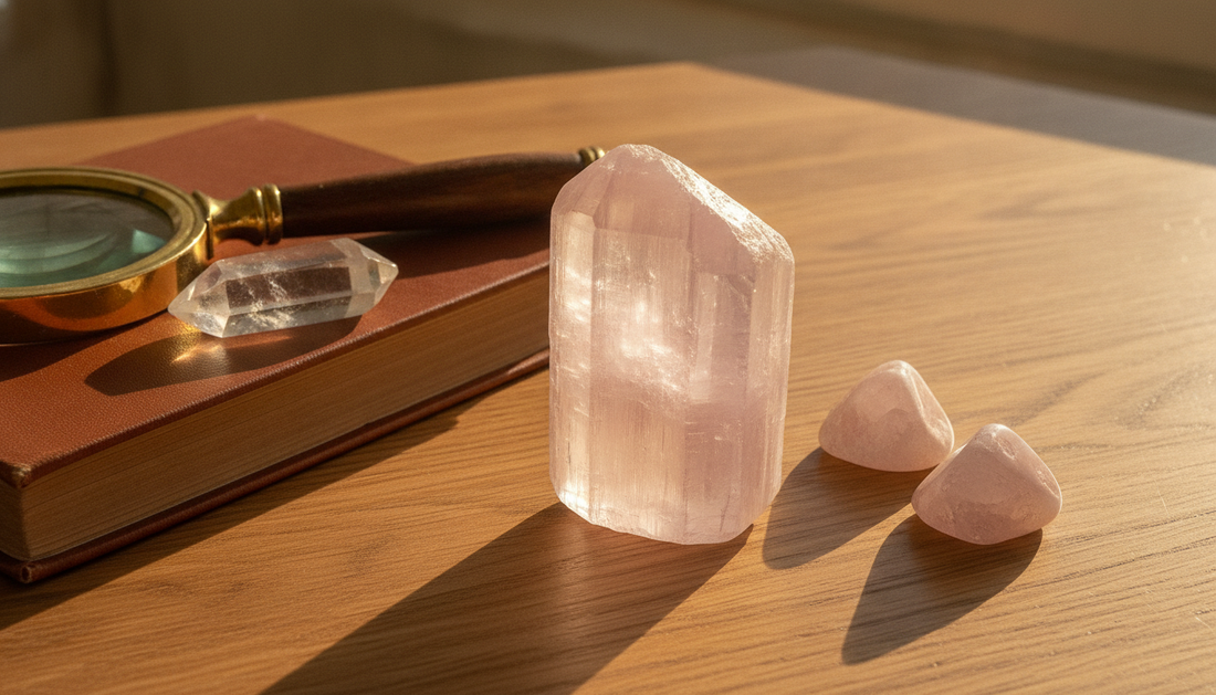 Zartrosa bis lila Kunzit-Kristall mit Längsstreifung auf Holztisch, daneben Lupe und Mineralogie-Buch
