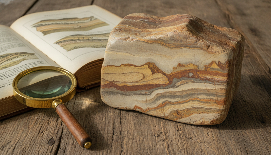 Beige-brauner Landschaftsjaspis mit landschaftsähnlicher Zeichnung auf Holztisch, daneben Lupe und Mineralogie-Buch