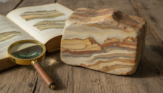 Beige-brauner Landschaftsjaspis mit landschaftsähnlicher Zeichnung auf Holztisch, daneben Lupe und Mineralogie-Buch