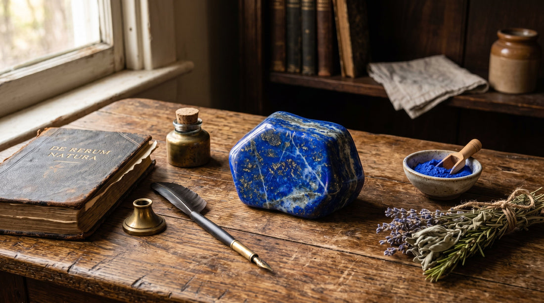 Lapislazuli mit goldenen Pyrit-Sprenkeln auf rustikalem Holztisch