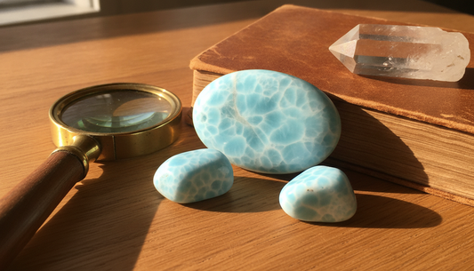 Hellblaue Larimar-Steine mit weißer Maserung auf warmem Holztisch mit Lupe und Mineralogie-Buch
