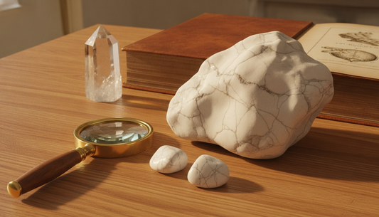 Weißer Magnesit mit feiner grauer Aderung auf Holztisch, daneben Lupe und Mineralogie-Buch