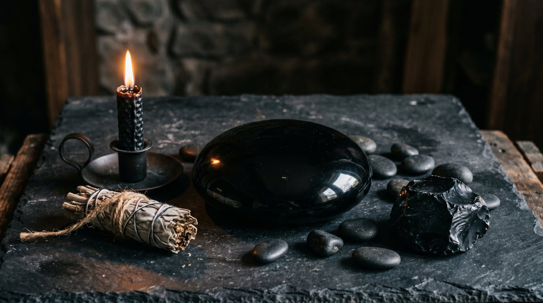 Schwarzer Obsidian auf dunkler Schieferplatte mit Kerze und Salbei