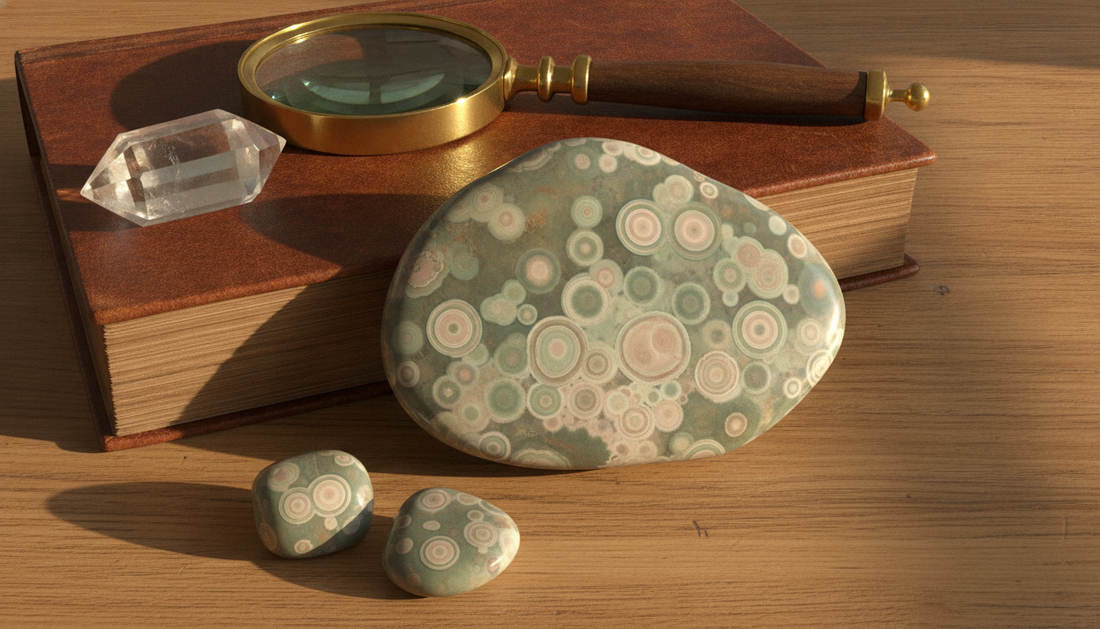 Ozeanjaspis mit rundlichen Mustern auf Holztisch, daneben Lupe und Mineralogie-Buch