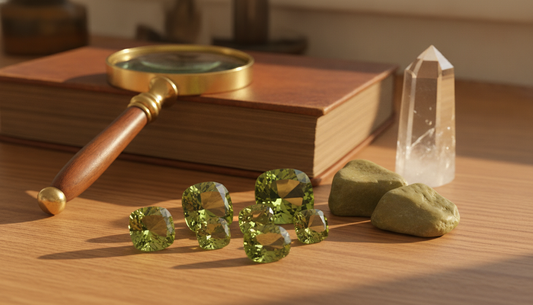 Polierte oliv- bis gelbgrüne Peridot-Edelsteine mit klarem Glanz, daneben antike Lupe und altes Mineralogie-Buch auf warmem Holztisch