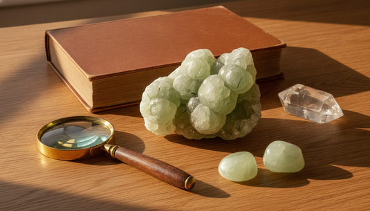 Blassgrüner traubiger Prehnit auf Holztisch, daneben Lupe und Mineralogie-Buch