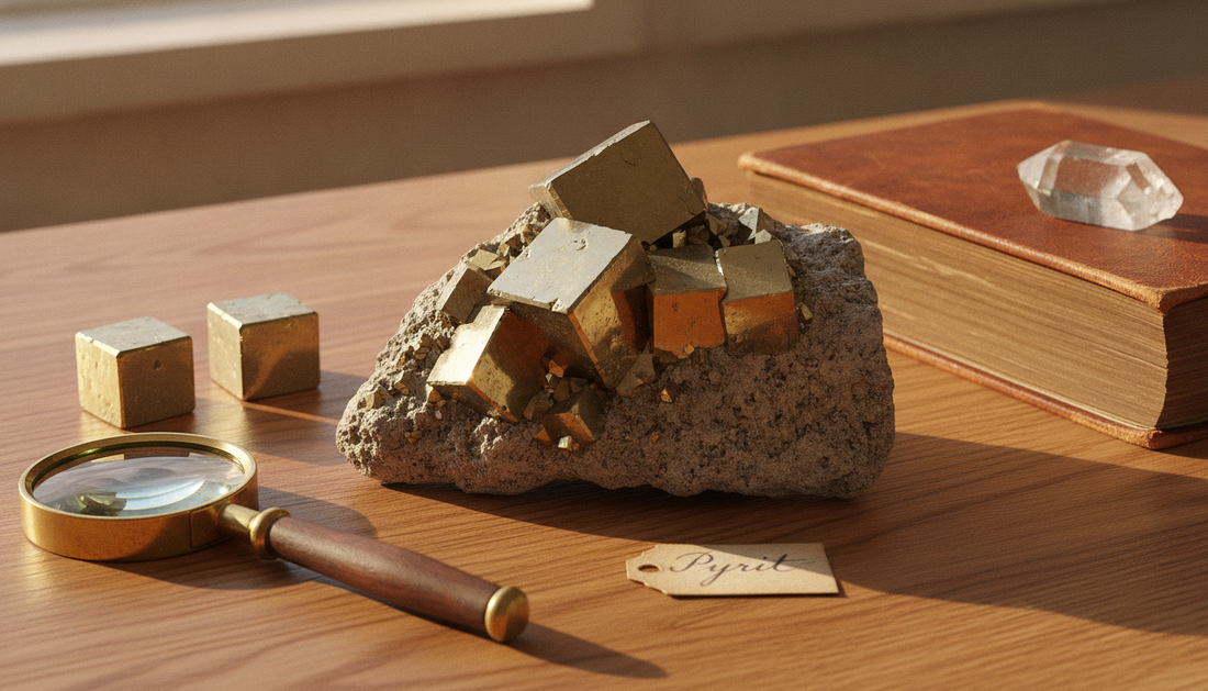 Goldglänzende Pyrit-Würfelkristalle auf grauem Muttergestein, daneben Lupe und Mineralogie-Buch auf Holztisch
