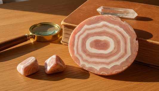 Polierter Rhodochrosit mit rosa-weißer Bänderung auf Holztisch, daneben Lupe und Mineralogie-Buch