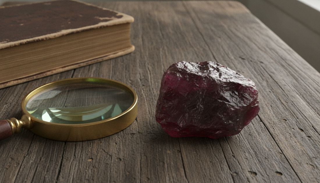Tiefroter Rubin mit natürlicher Kristallstruktur auf Holztisch, daneben Lupe und Mineralogie-Buch