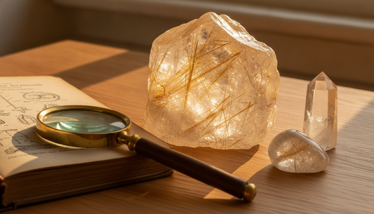 Klarer Rutilquarz mit goldenen Rutilnadeln im Inneren auf Holztisch, daneben Lupe und Mineralogie-Buch