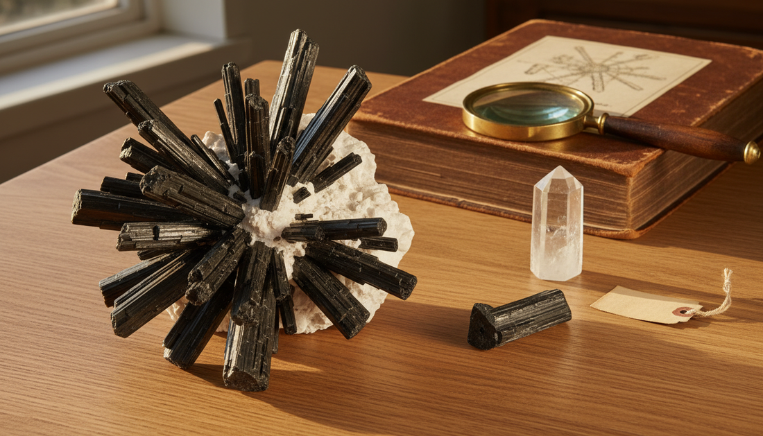 Schwarze Turmalin-Kristalle (Schörl) auf rustikalem Holztisch mit Kerze und getrocknetem Salbei