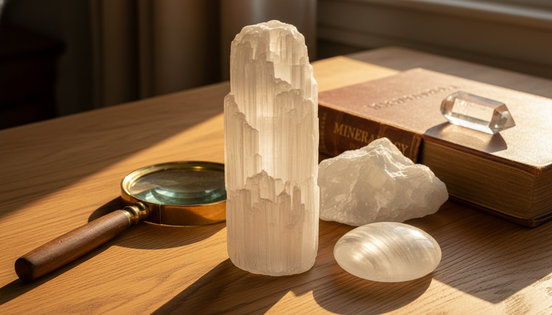 Perlweiße durchscheinende Selenit-Stange mit seidigem Glanz auf warmem Holztisch mit Lupe und Mineralogie-Buch