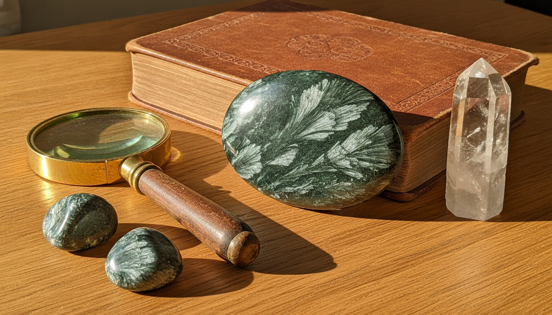 Dunkelgrüner Seraphinit mit silbrig schimmernder Federzeichnung auf Holztisch, daneben Lupe und Mineralogie-Buch