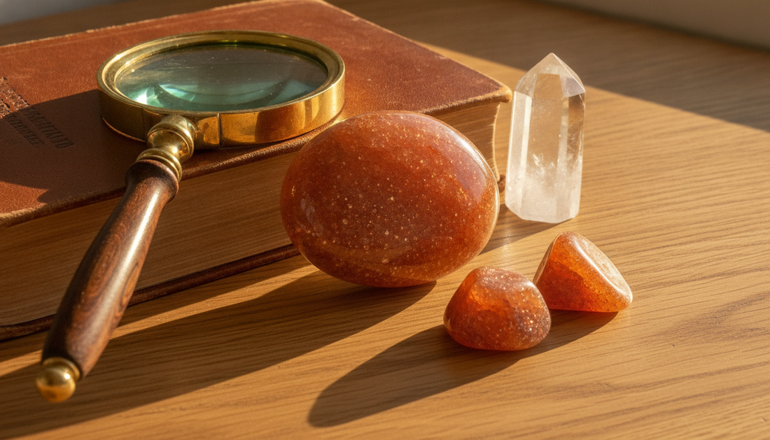 Polierter orange-rotbrauner Sonnenstein mit glitzerndem metallischem Schiller, daneben Lupe und Mineralogie-Buch auf Holztisch